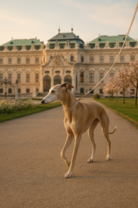 Whippet walking in Vienna palace garden in Sprong