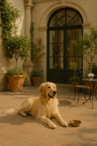 Golden Retriever resting in a palace orangery or garden terrace, surrounded by greenery and soft light.