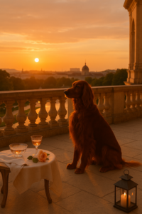 A red setter sits in a palace atmosphere at sunset